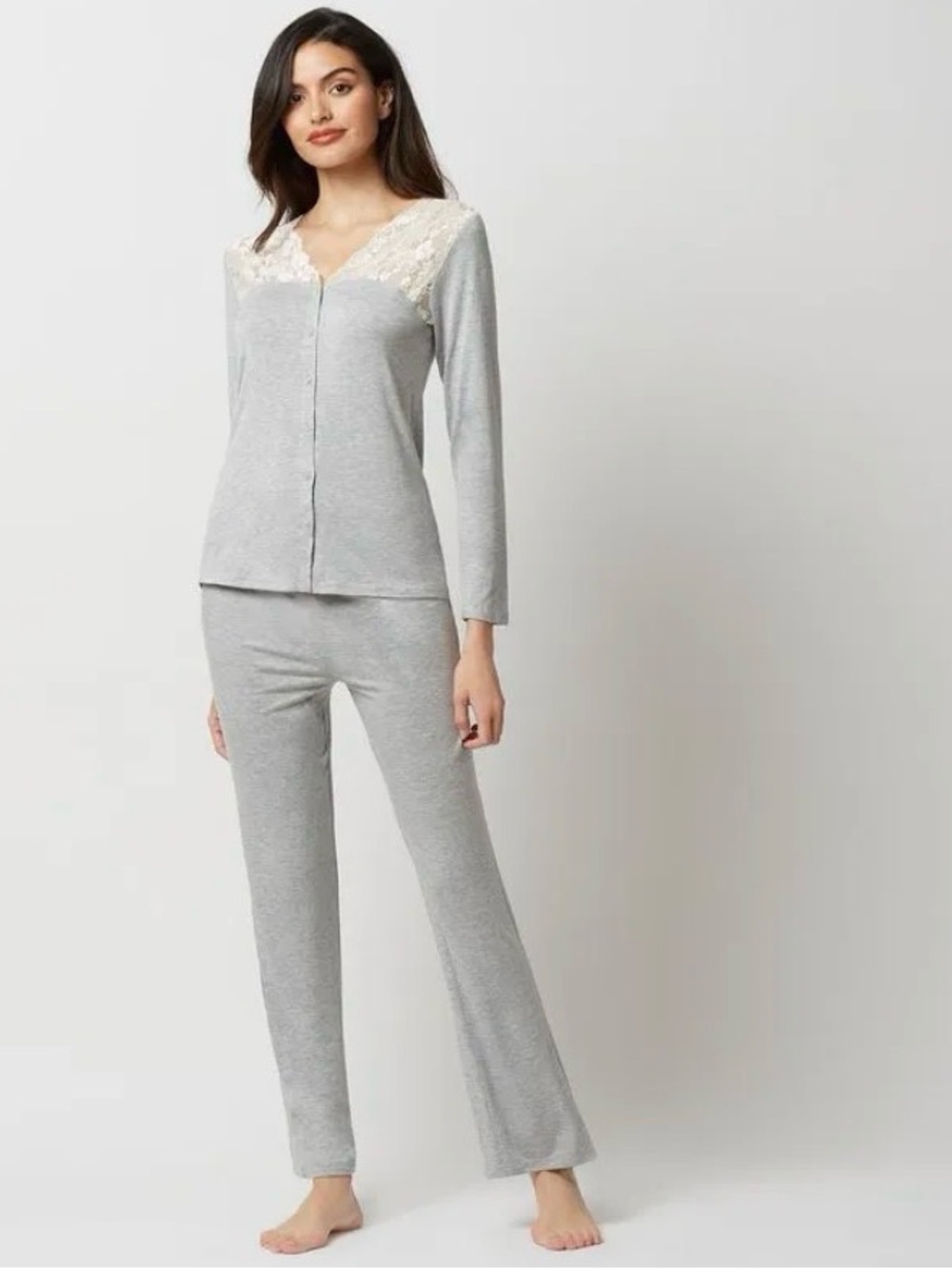 YAMAMAY Grey Primula Lace Pajama Set - Long Sleeve & Pants